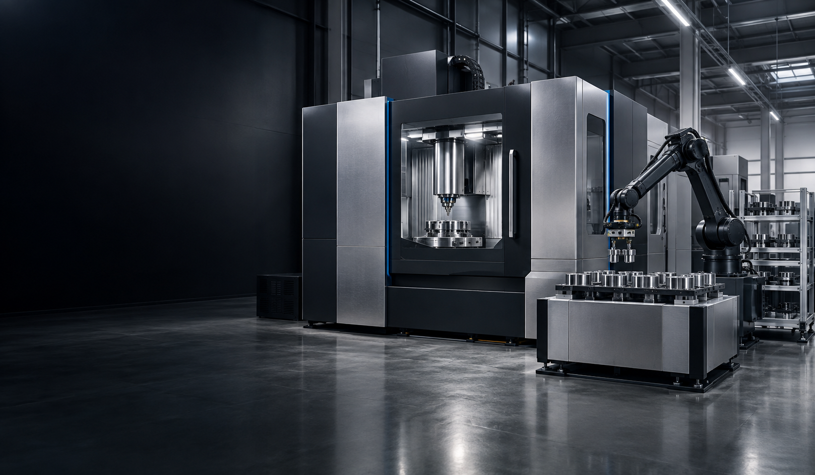 Enclosed precision machining cell with robotic equipment loading