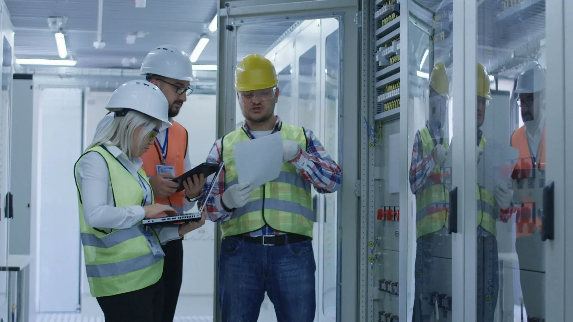 Engineers in safety equipment reviewing a laptop beside industrial electrical cabinets